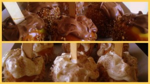 Apples covered in white and milk chocolate