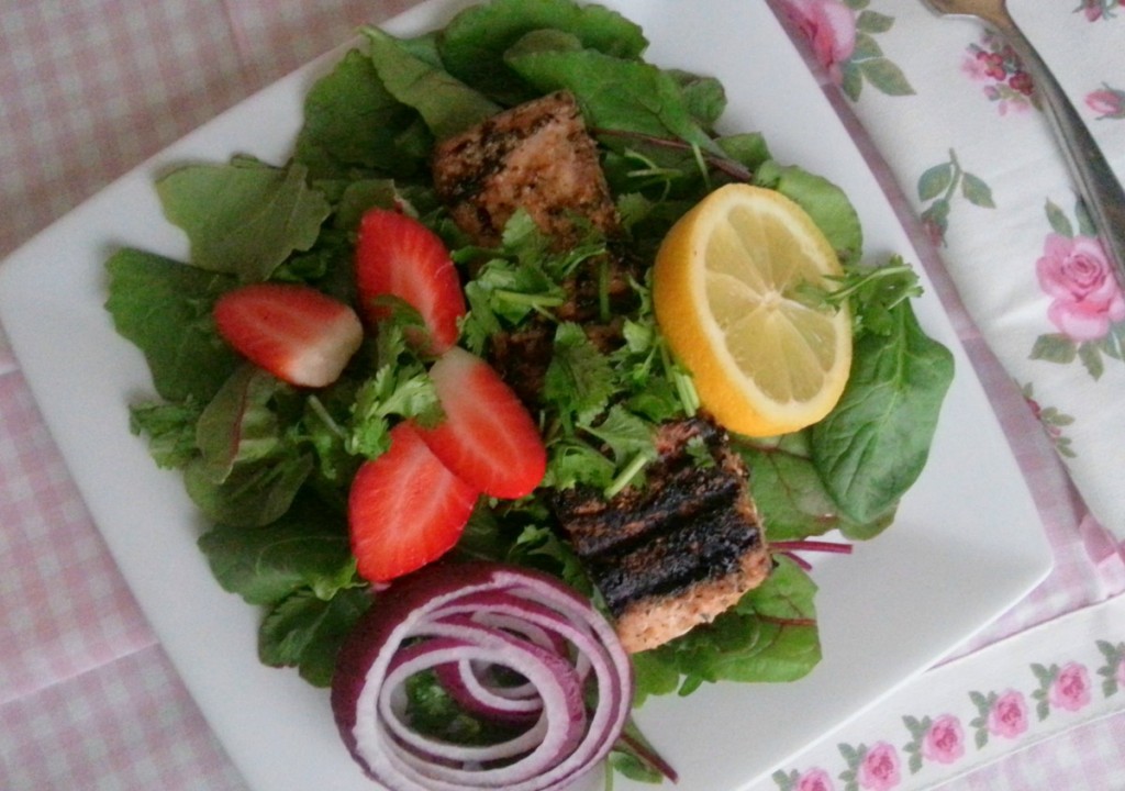 Plated Grilled Salmon Salad with Kale and Strawberries #ABRecipes Plated Grilled Salmon Salad with Kale and Strawberries #ABRecipes