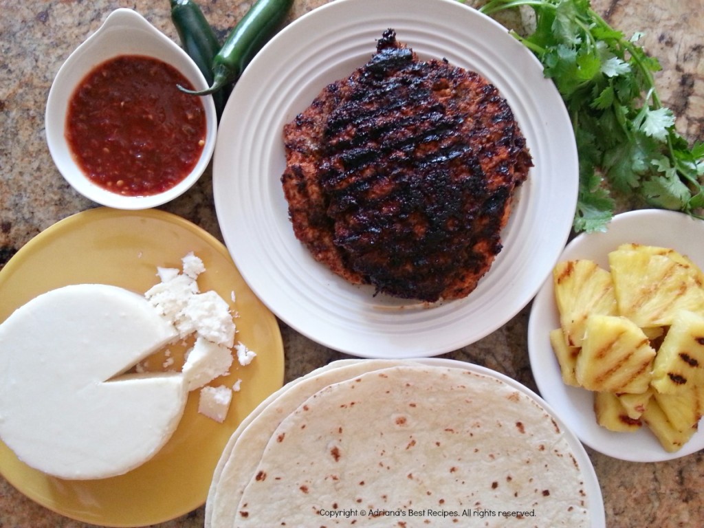 Carne pastor, salsa roja, pina, queso cacique for la gringa quesadilla #ABRecipes #GoAutentico #QuesadillaCookOff #CincodeMayo #AD Carne pastor, salsa roja, pina, queso cacique for la gringa quesadilla #ABRecipes #GoAutentico #QuesadillaCookOff #CincodeMayo #AD