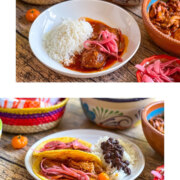 A collage with a bowl of chicken pibil made with achiote paste