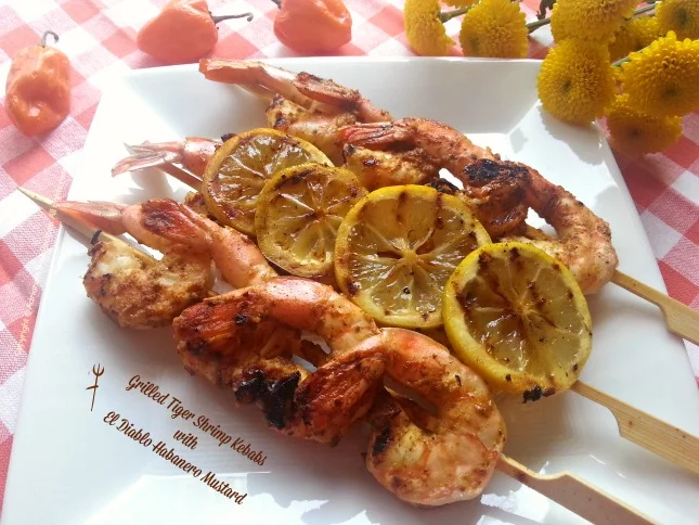 Grilled Tiger Shrimp Kebabs with El Diablo Habanero Mustard #ABRecipes Grilled Tiger Shrimp Kebabs with El Diablo Habanero Mustard #ABRecipes