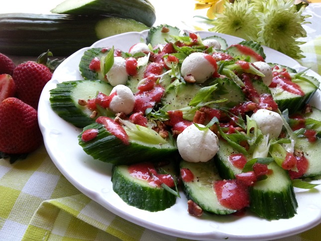 English Cucumber Salad with Feta cheese, Pecans and Strawberry Walnut Oil Dressing