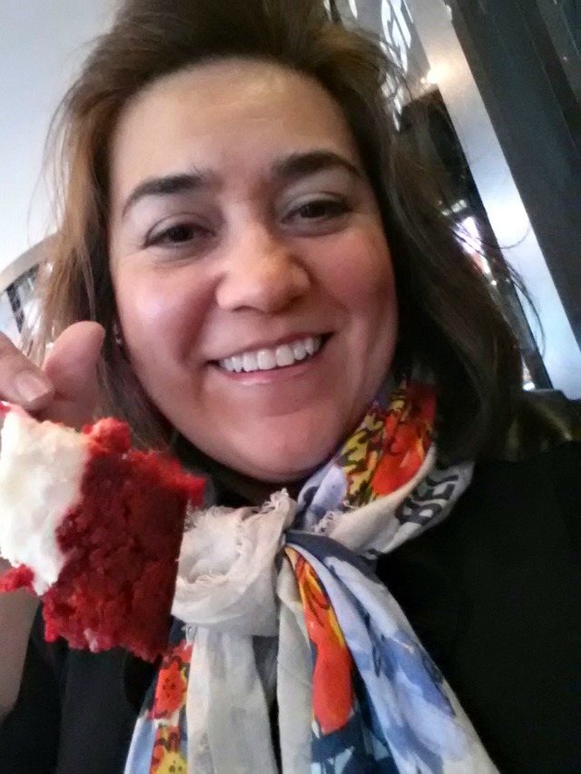 Adriana Martin enjoying Juniors Red Velvet Cheesecake