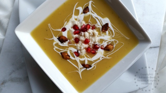 Coconut Acorn Squash Soup Garnished with Pomegranate and Pepitas #NinjaKitchen #ad