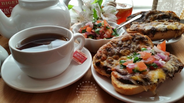 My Mexican American Breakfast consists of molletes and tea the perfect pair to start the morning