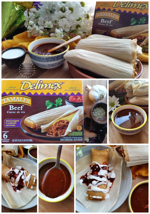 Beef tamales drizzled with guajillo sauce and crema fresca #DelimexFiesta #ad