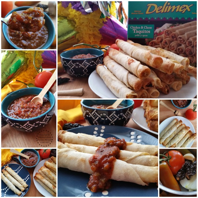 Chicken cheese taquitos garnished with a smoky chipotle tomato sauce #DelimexFiesta #ad
