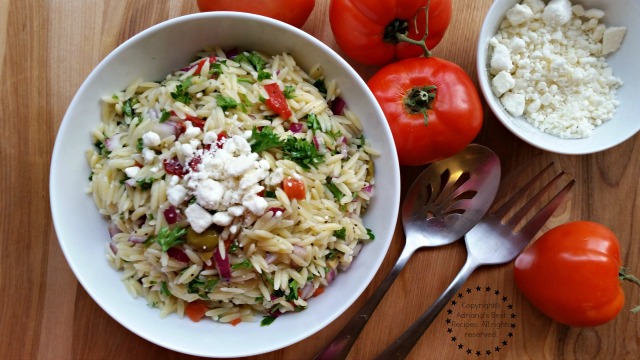 Finish the Greek Style Orzo Salad with crumbled feta cheese #ABRecipes