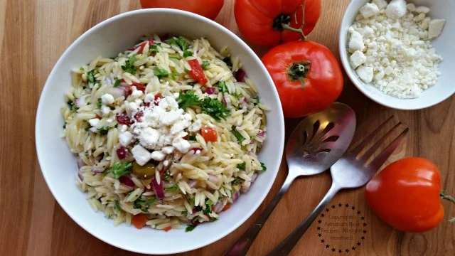Finish the Greek Style Orzo Salad with crumbled feta cheese #ABRecipes Finish the Greek Style Orzo Salad with crumbled feta cheese #ABRecipes