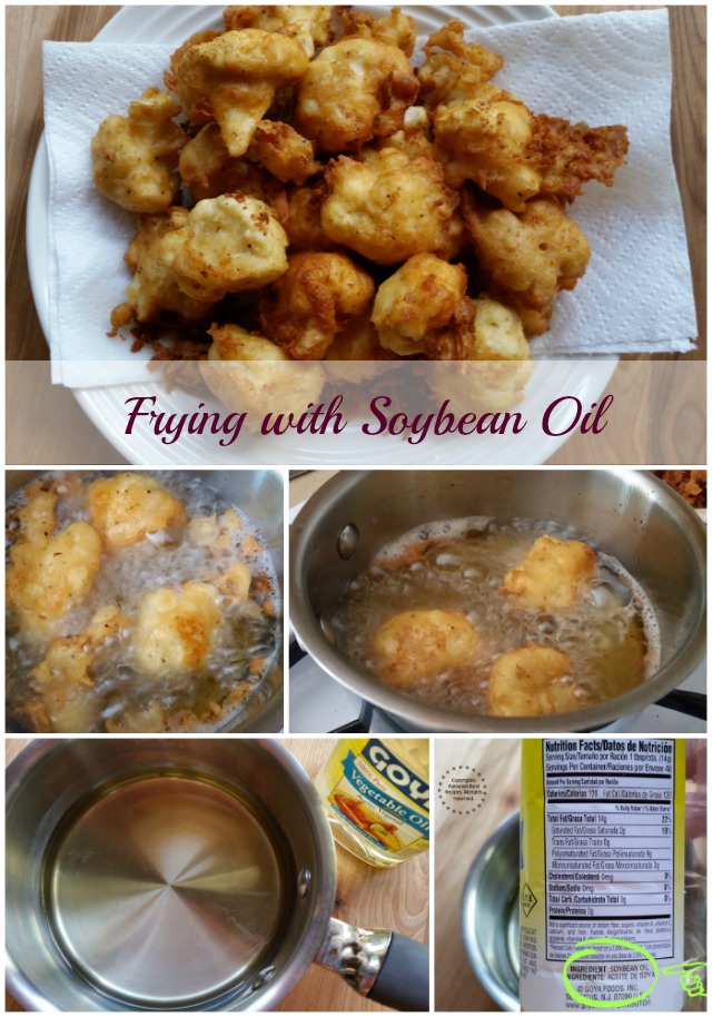 Frying beer battered cauliflower with soybean oil #SoyParaSoy #ad