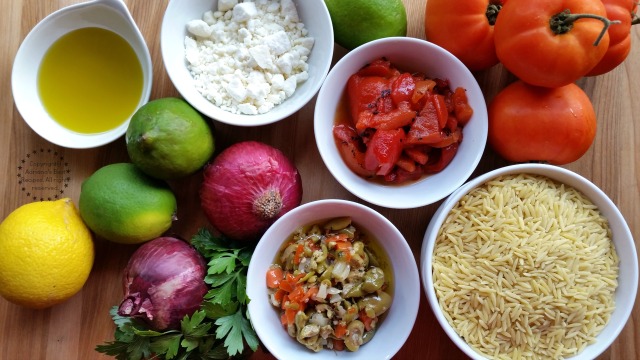 Ingredients for making Greek Style Orzo Salad  #ABRecipes