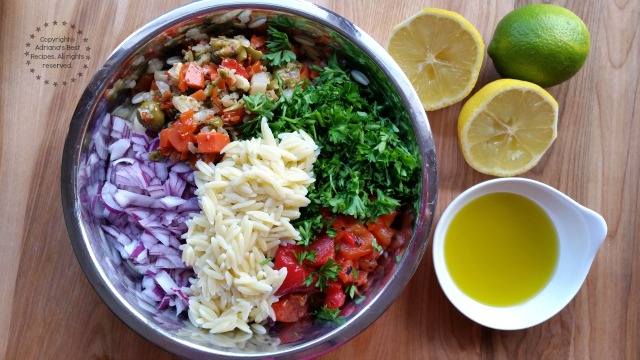 Mixing the Greek Style Orzo Salad #ABRecipes