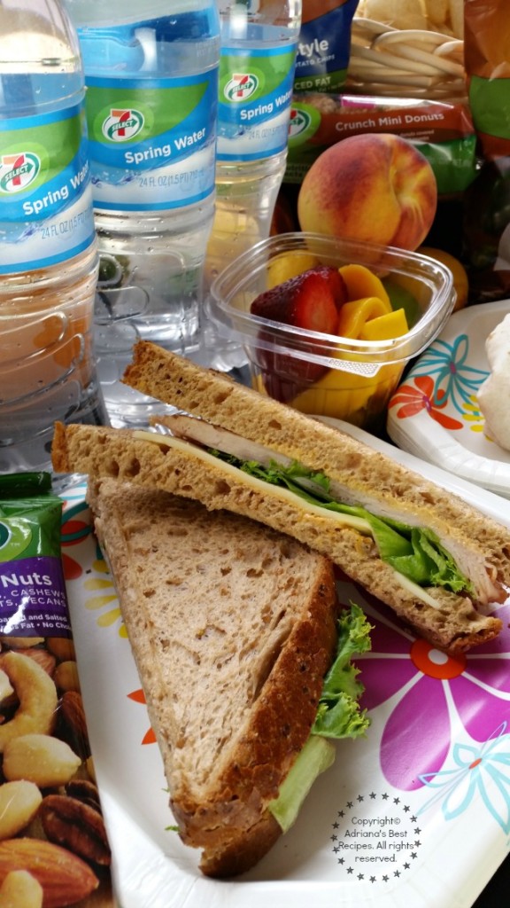 Turkey and cheese sandwich paired with fruit nuts and water #7EFresh #ad 