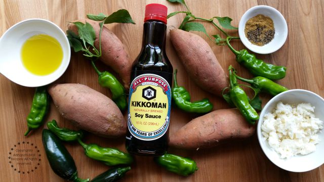 Ingredients for preparing the Roasted Yams and Shishito Peppers Hash #KikkomanSaborLBC #ad