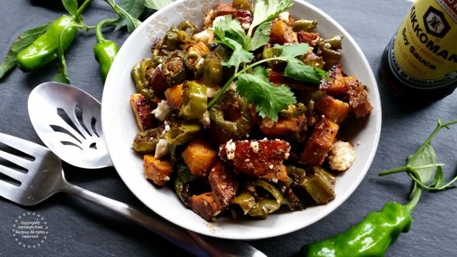 The inspiration behind this Roasted Yams and Shishito Peppers Hash are the southern flavors and my own vegetable garden #KikkomanSaborLBC #ad