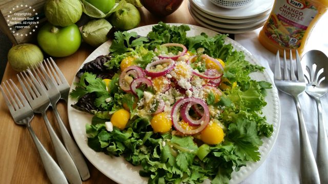 Tomatillo Salad with Mango Pearls and  KRAFT Mango Chipotle Vinaigrette Dressing #ComidaKraft #ad 