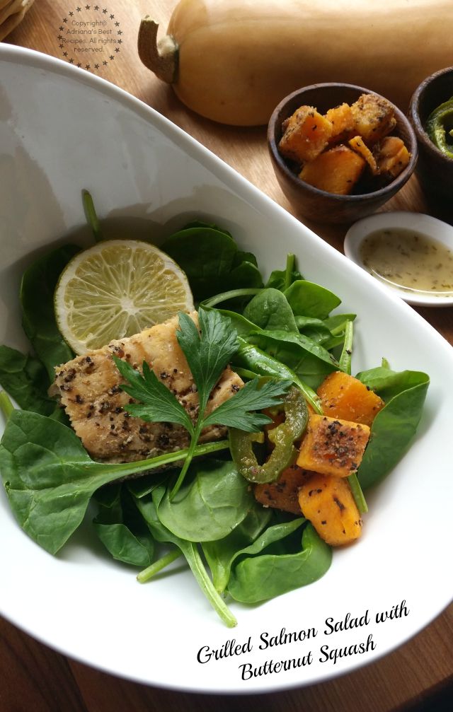 Grilled Salmon Salad with Butternut Squash recipe available at Amigas de Comida KRAFT #ComidaKraft #ad