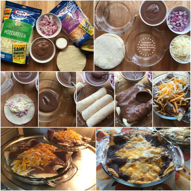 The ingredients for the enchiladas include beans, cheese, onion, corn tortillas, and cheese