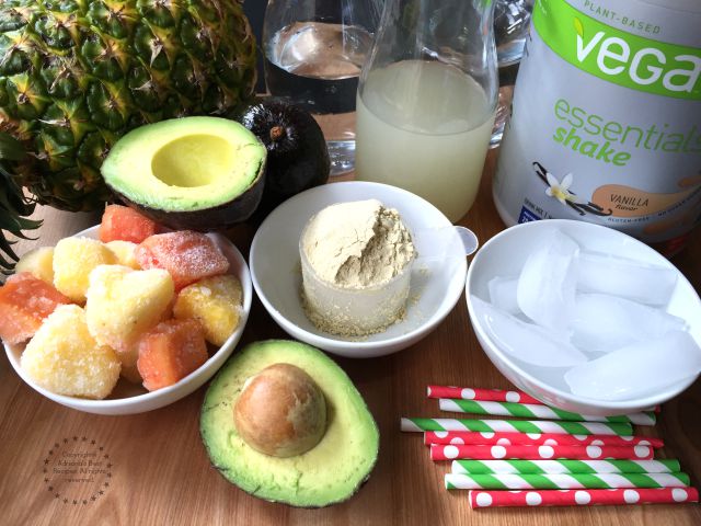 Ingredients for making the Mexican Green Smoothie with Avocado and Vega Essentials Vanilla Flavor #BestLifeProject #ad 