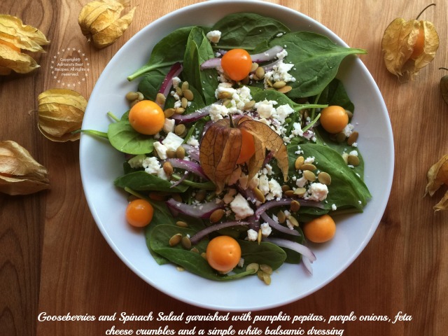 Gooseberries and Spinach Salad garnished with pumpkin pepitas, purple onions, feta cheese crumbles and a simple white balsamic dressing #ABRecipes
