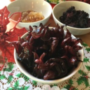 A bowl with Hibiscus Flowers in Honeycomb Syrup