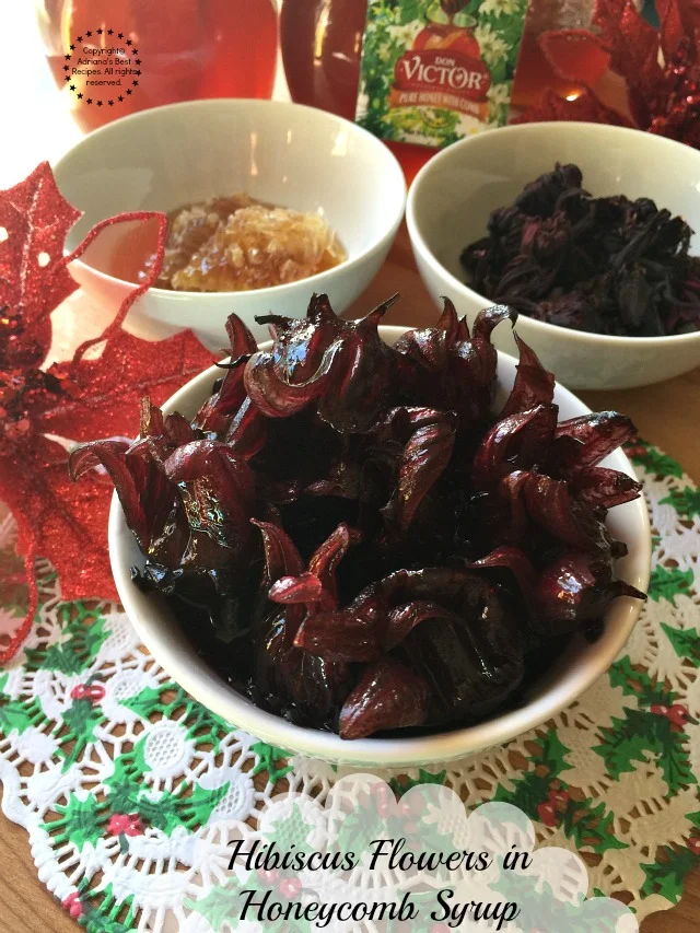 Hibiscus Flowers in Honeycomb Syrup perfect for appetizers and cocktails #HoneyForHolidays AD Hibiscus Flowers in Honeycomb Syrup perfect for appetizers and cocktails #HoneyForHolidays AD