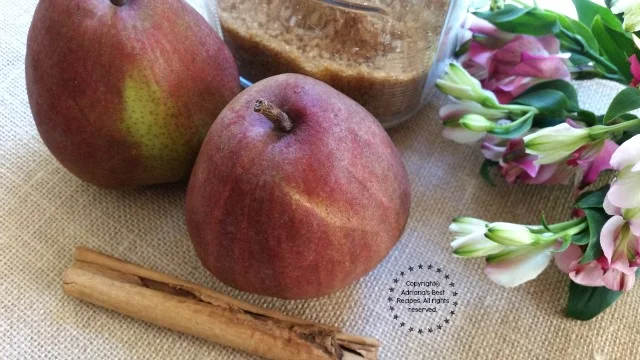 Ingredients for preparing Poached Red Anjou Pears in Cinnamon Syrup Ingredients for preparing Poached Red Anjou Pears in Cinnamon Syrup