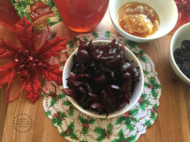 Ready to use Hibiscus Flowers in Honeycomb Syrup #HoneyForHolidays Ready to use Hibiscus Flowers in Honeycomb Syrup #HoneyForHolidays
