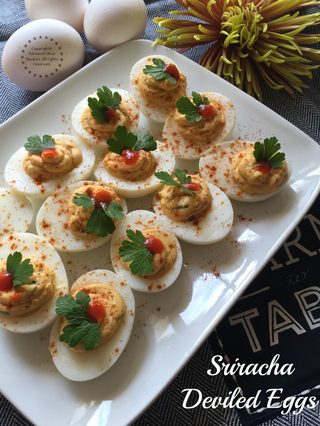 The Sriracha Deviled Eggs is perfect as a take along for parties and potlucks
