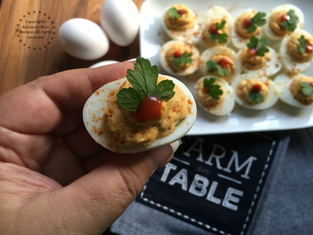 This Sriracha Deviled Eggs recipe is using farm eggs from a local farm