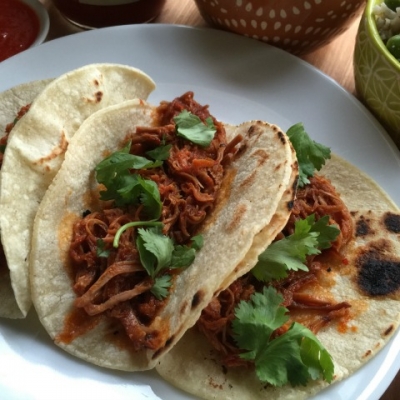 Shredded pork on red chile sauce is perfect for eating with rice and refried beans