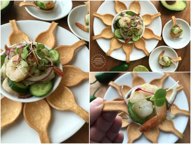 Shrimp aguachile presented as fancy one bite servings Shrimp aguachile presented as fancy one bite servings