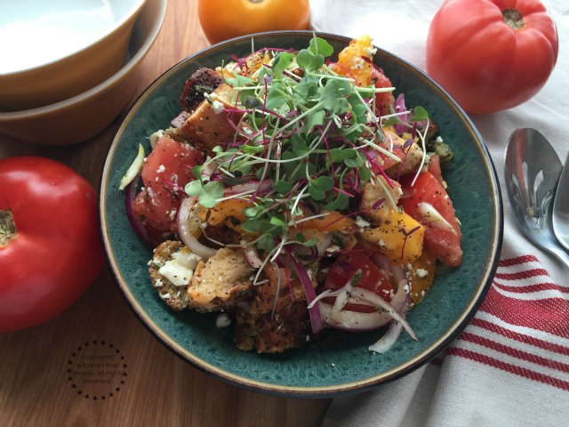 Panzanella Salad with bagels and heirloom tomatoes