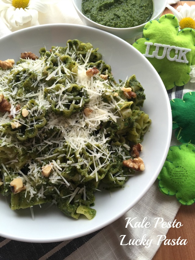 A Kale Pesto Lucky Pasta recipe is our suggestion to get lucky this St Patricks Day. The pesto is made with fresh baby kale, walnuts, olive oil