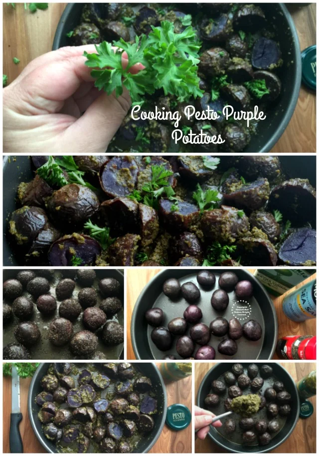 Cocinando las Papas Moradas con Pesto de Albahaca Cooking Pesto Purple Potatoes