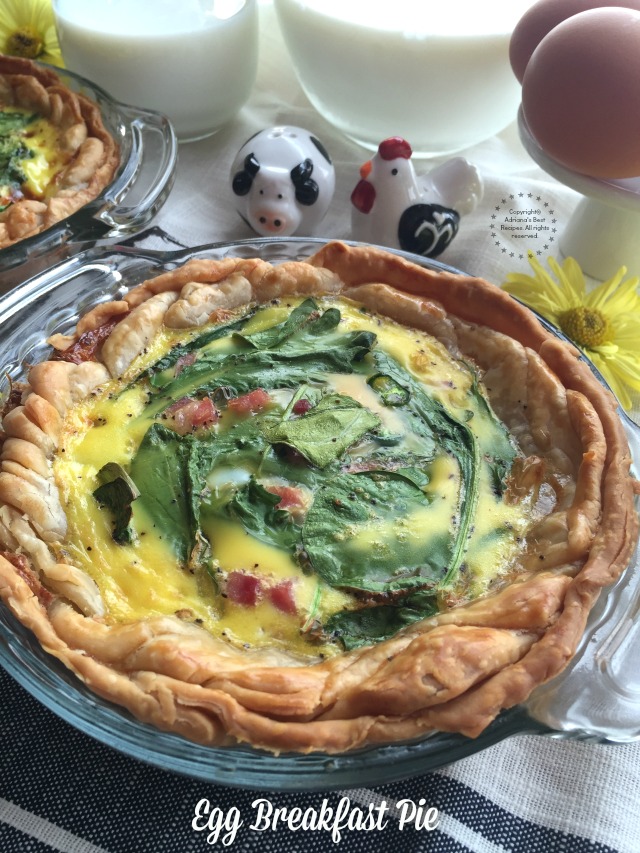 Egg breakfast pie with fresh farm eggs, ham, serrano chile slices, kale and spinach leaves, whole milk and ready to use pie crust