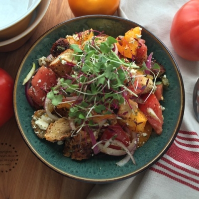 Panzanella Salad with bagels and heirloom tomatoes