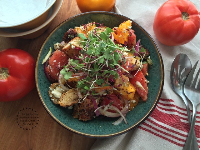 Panzanella Salad with bagels and heirloom tomatoes