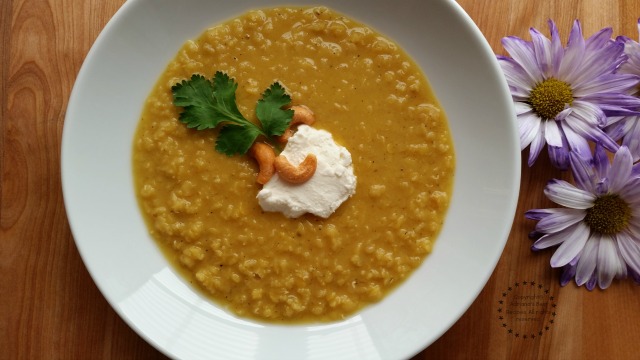 Red lentils soup with feta cheese and cashews