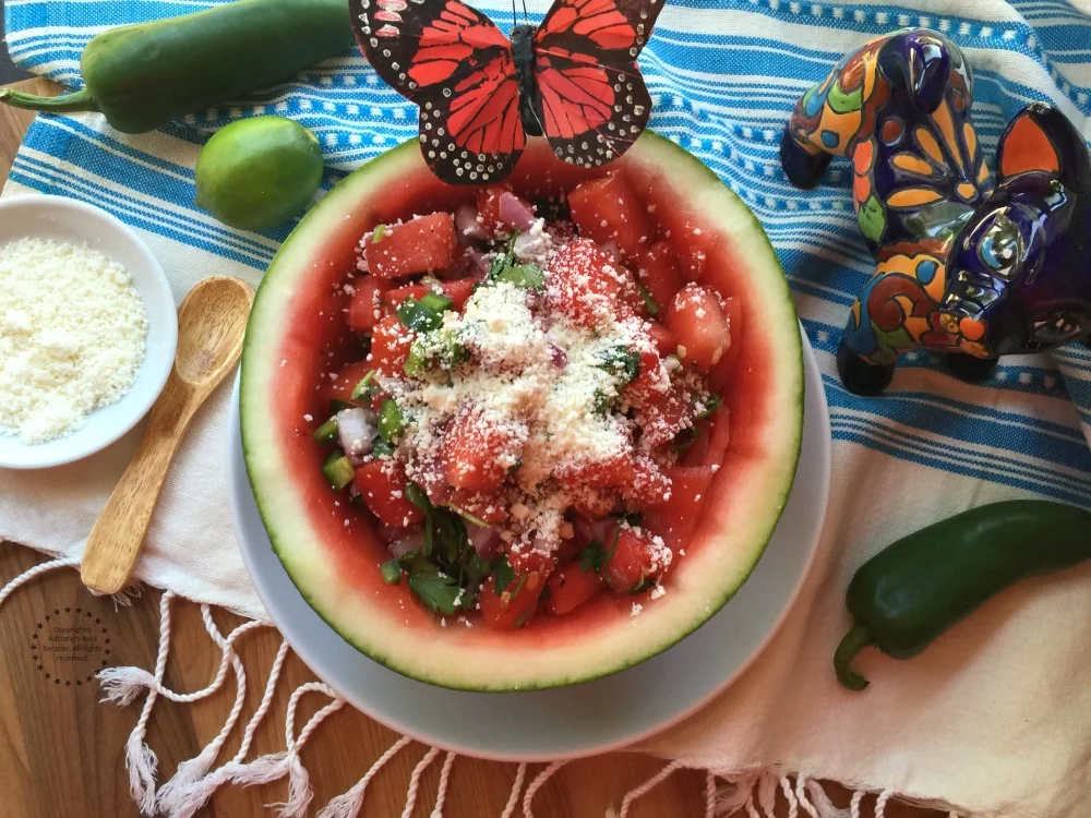 You can use half of a watermelon as a serving bowl after carving out the crunchy watery flesh You can use half of a watermelon as a serving bowl after carving out the crunchy watery flesh