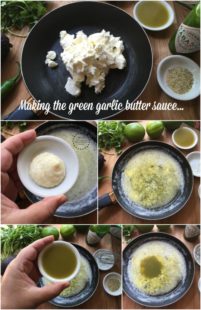 Making the green butter garlic sauce for the seafood tacos which has garlic and green chile sauce