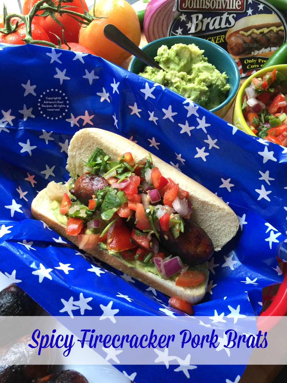 Spicy Firecracker Pork Brats garnished with avocado mash and pico de gallo salsa