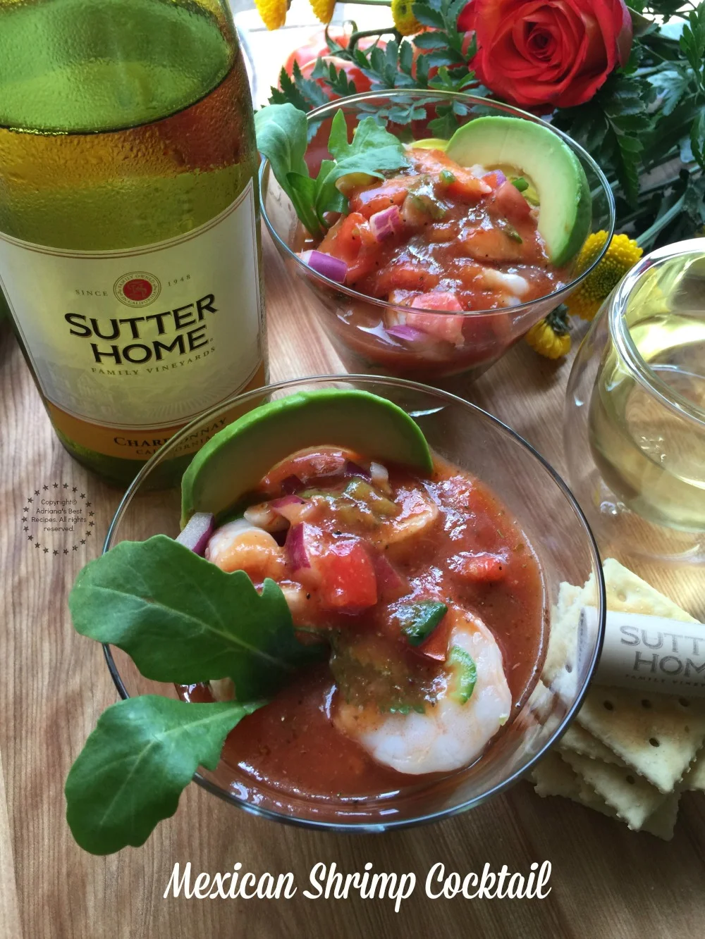 This Mexican Shrimp Cocktail is a perfect appetizer to start a special dinner with a glass of chilled Sutter Home Chardonnay wine to uncork the moments