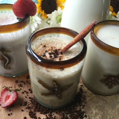 Three Mexican Milk drinks inspired in my culture, all made with wholesome ingredients and an eight ounce glass of milk per serving