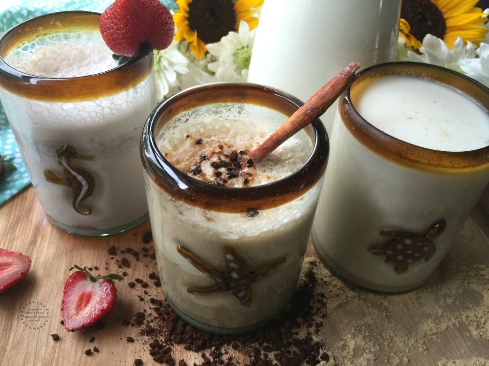 Three Mexican Milk drinks inspired in my culture, all made with wholesome ingredients and an eight ounce glass of milk per serving