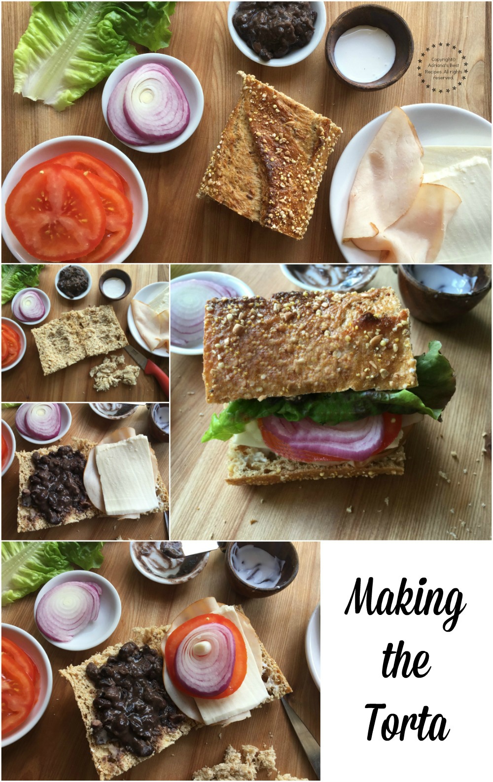 Making the torta with turkey, queso fresco, tomato, beans, onions, crema and lettuce