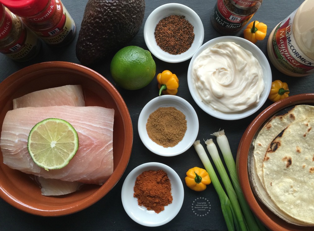Ingredients for making the fish tacos recipe inlcude mahi-mahi fish, spices, and mayonnaise