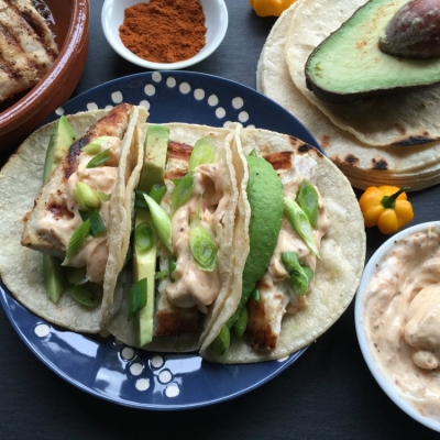 A delightful recipe for grilled fish tacos and a creamy sauce