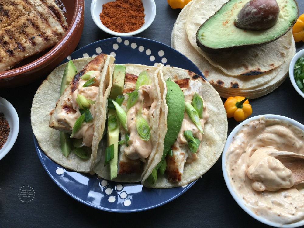 A delightful recipe for grilled fish tacos and a creamy sauce