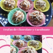 Esta receta de trufas de chocolate y cacahuate es apta para niños. Tiene avena, mantequilla de maní crujiente, Nesquik sin azúcar con sabor a chocolate, leche condensada, hojuelas de coco sin azúcar, canela y chispas de chocolate semi-amargo.